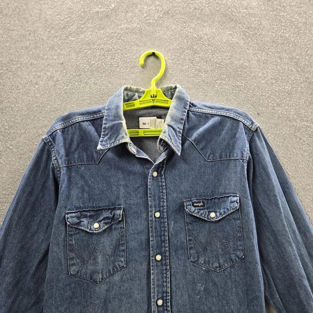 VINTAGE Wrangler Men Button Up Shirt 16 Denim USA Cowboy Work Western Pearl Snap